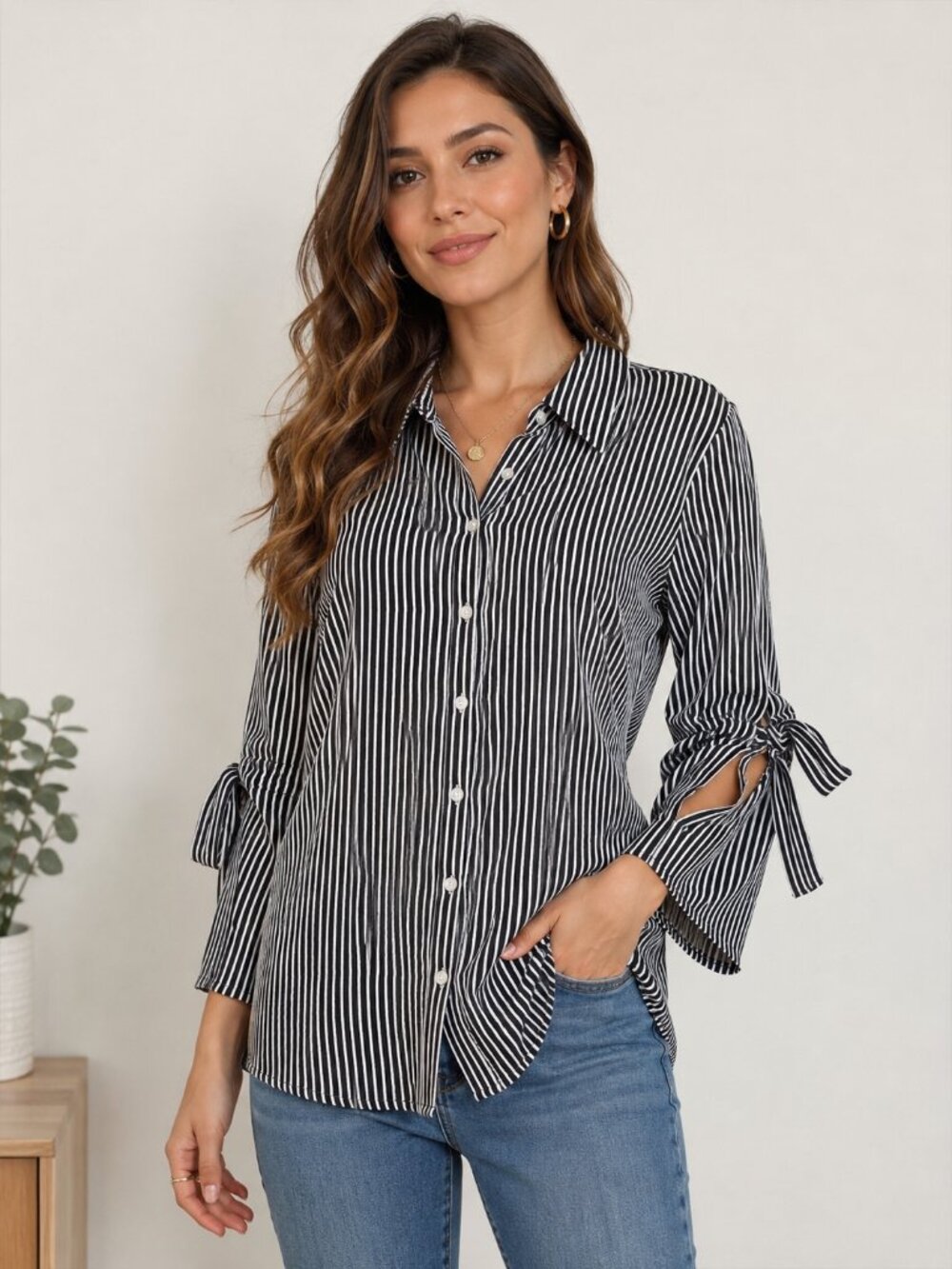 Star Style Black White Striped Tie Bell Sleeve Button Front Blouse Size L